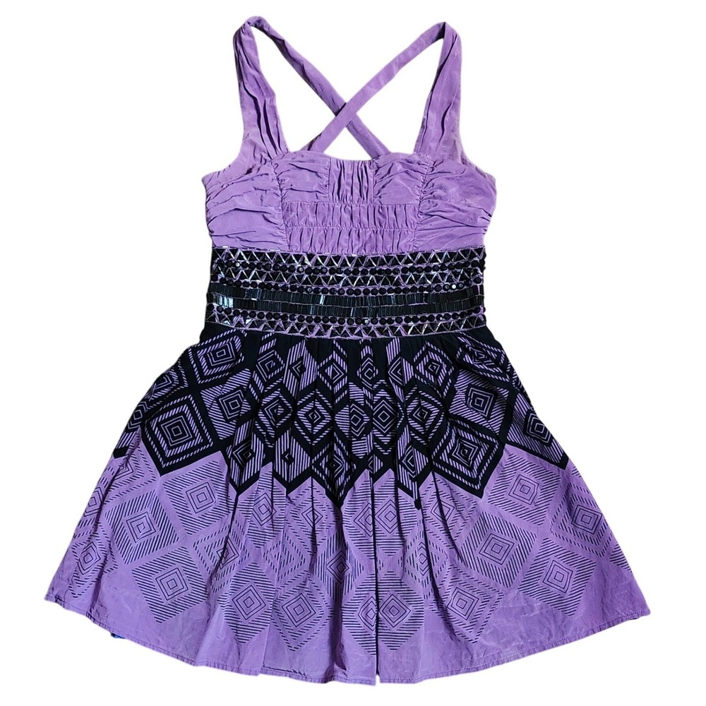 Bebe 100% Silk Embellished Mini Dress Medium Purple Geometric Print Cross Straps